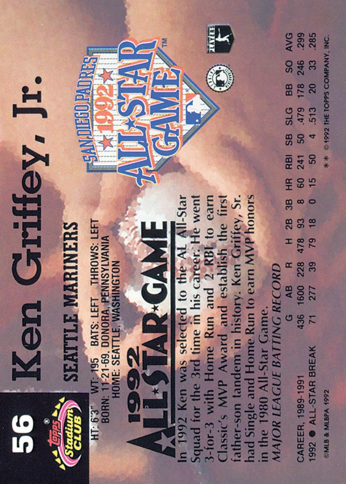 1993 Stadium Club Murphy #56 Ken Griffey Jr. AS back image