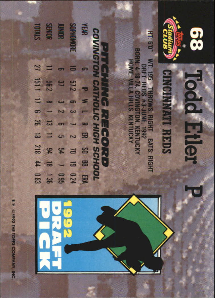1993 Stadium Club Murphy #68 Todd Etler RC back image