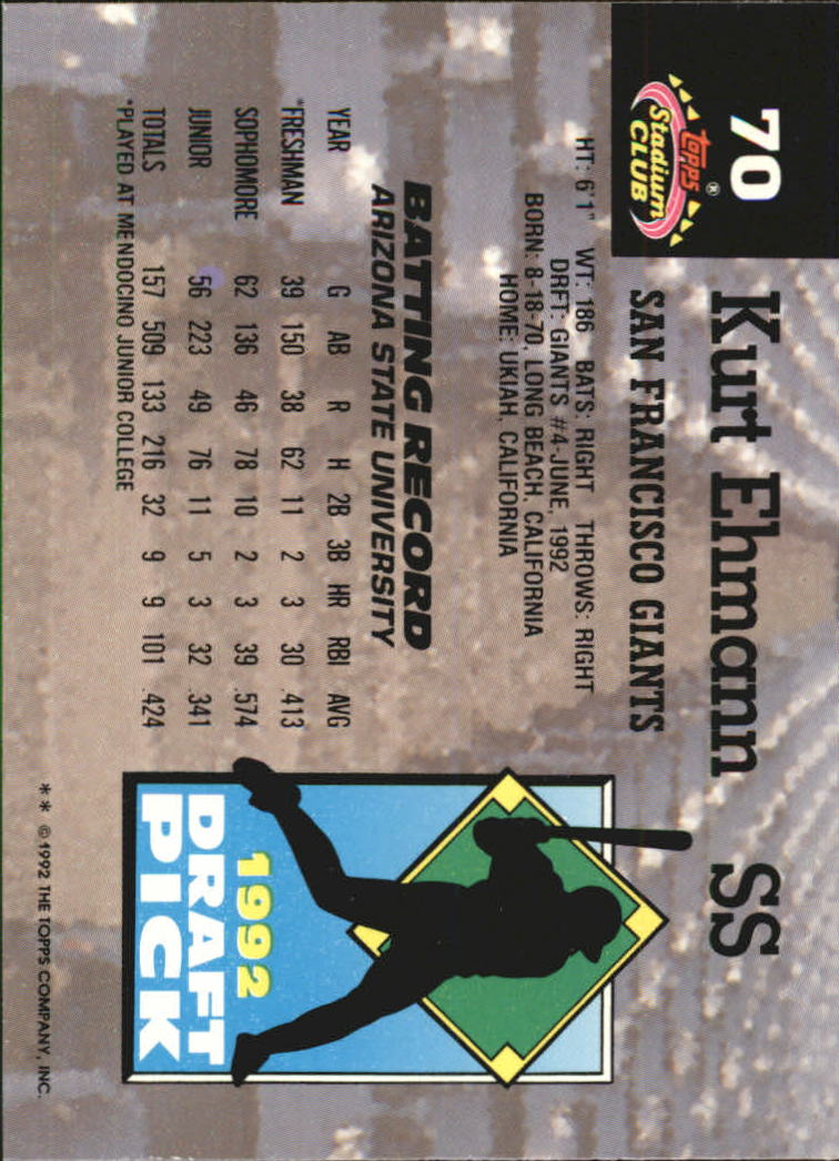 1993 Stadium Club Murphy #70 Kurt Ehmann RC back image