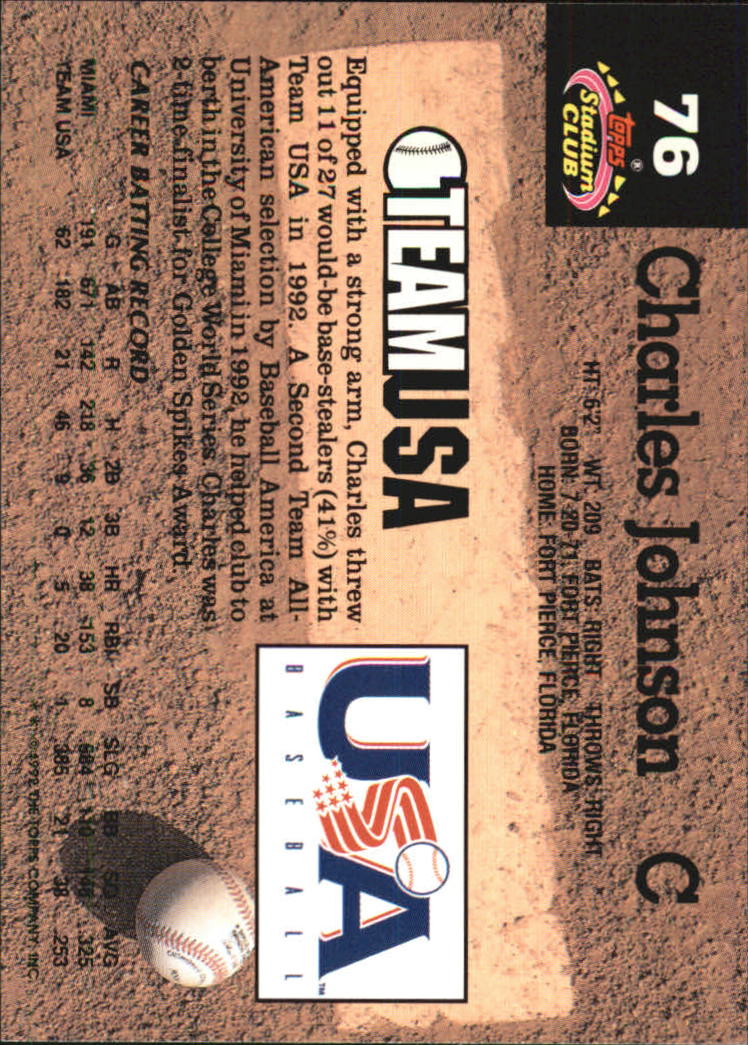 1993 Stadium Club Murphy #76 Charles Johnson USA back image