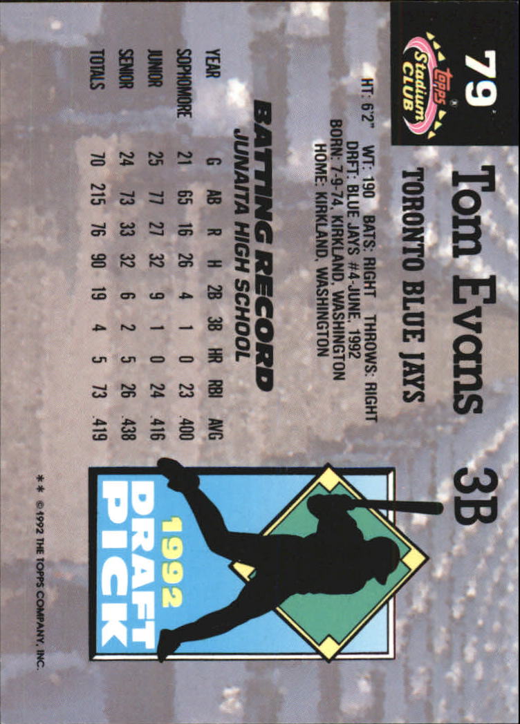 1993 Stadium Club Murphy #79 Tom Evans RC back image