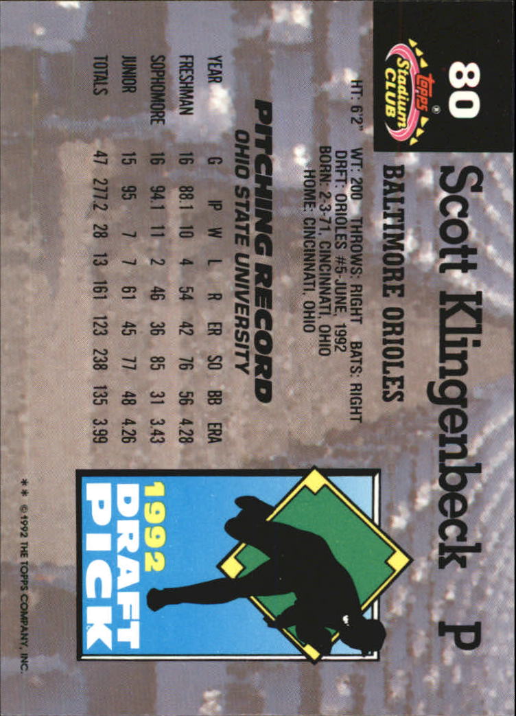 1993 Stadium Club Murphy #80 Scott Klingenbeck RC back image