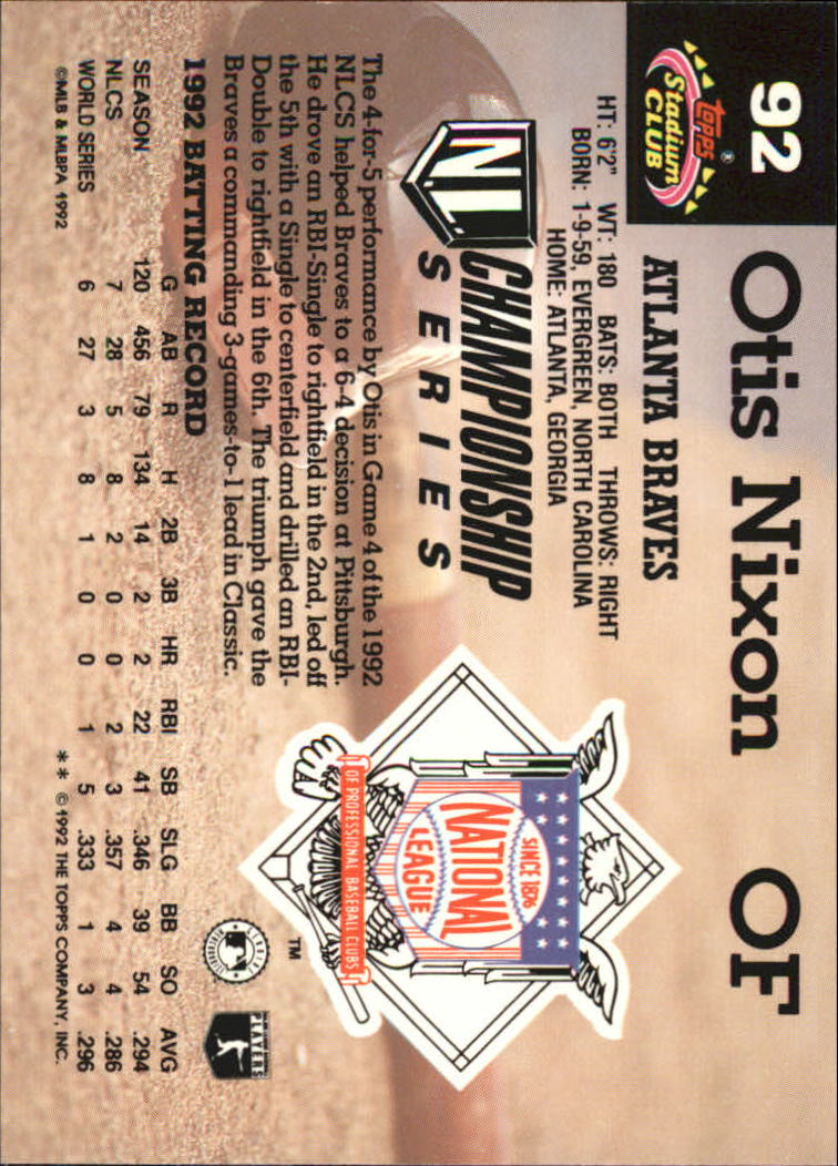 1993 Stadium Club Murphy #92 Otis Nixon back image
