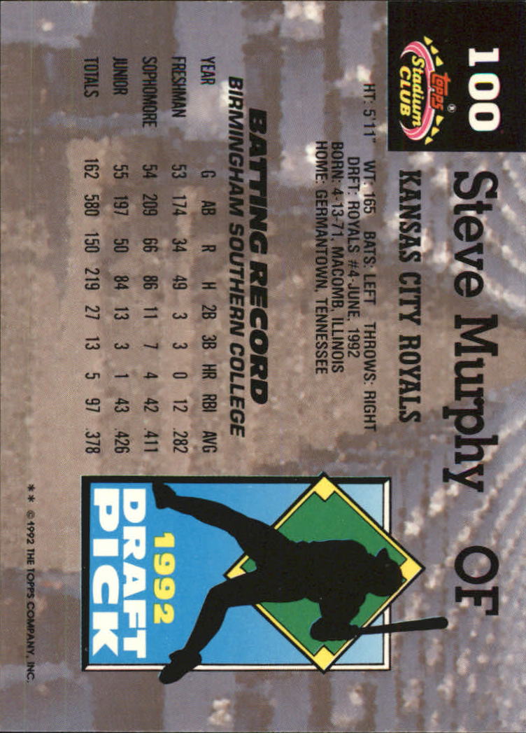 1993 Stadium Club Murphy #100 Steve Murphy RC back image