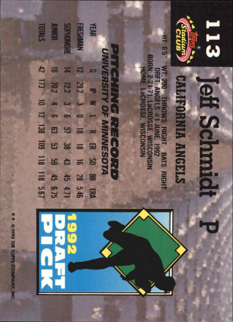 1993 Stadium Club Murphy #113 Jeff Schmidt RC back image