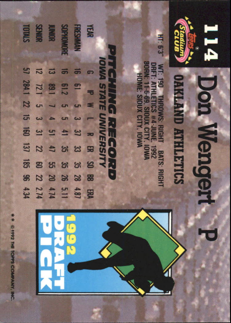 1993 Stadium Club Murphy #114 Don Wengert RC back image