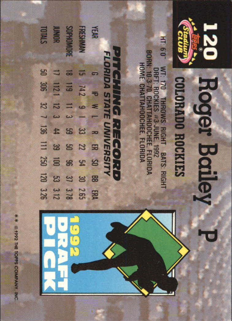1993 Stadium Club Murphy #120 Roger Bailey RC back image