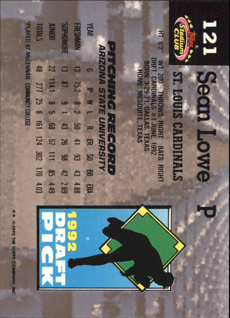 1993 Stadium Club Murphy #121 Sean Lowe RC back image