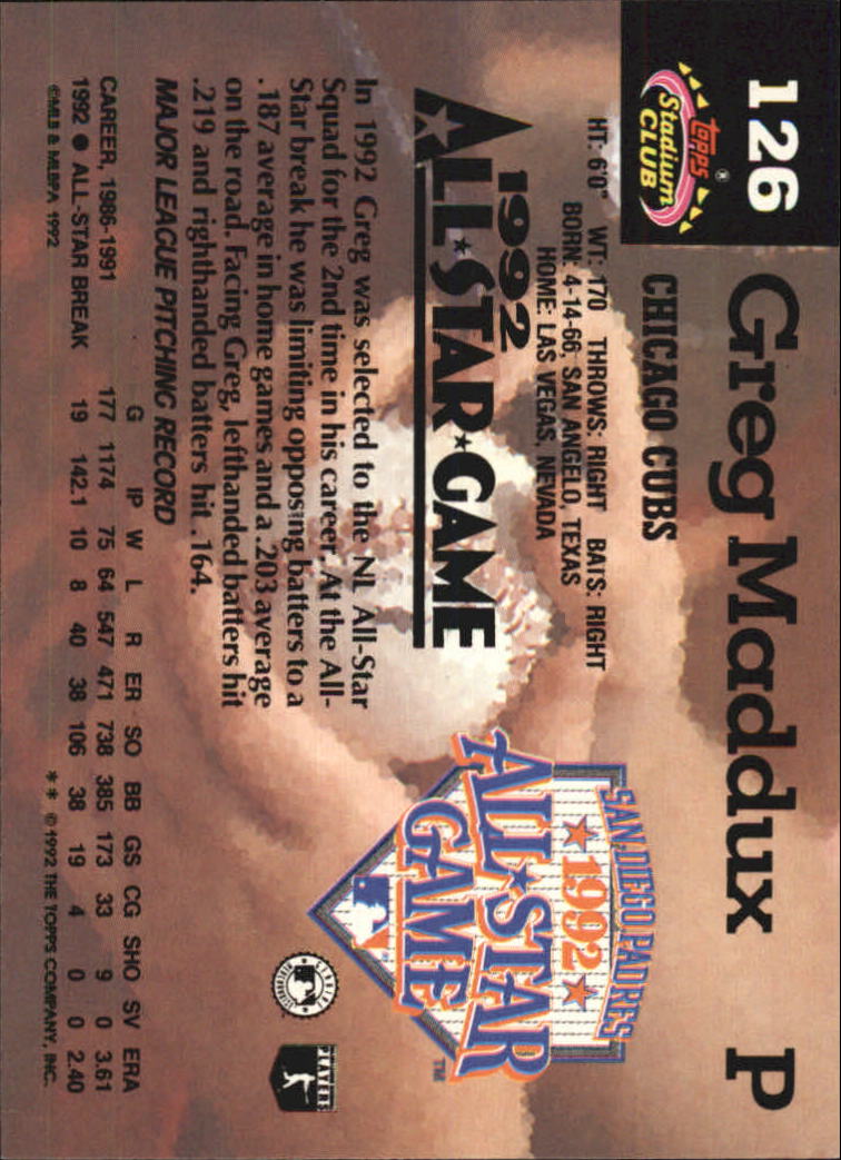 1993 Stadium Club Murphy #126 Greg Maddux AS back image