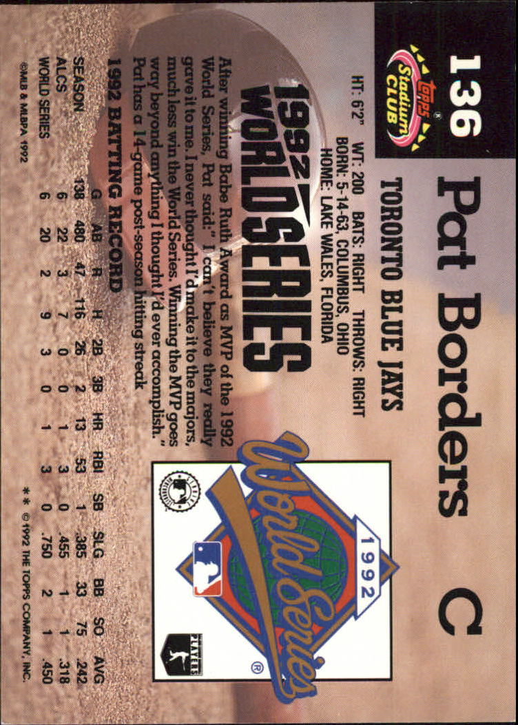 1993 Stadium Club Murphy #136 Pat Borders back image