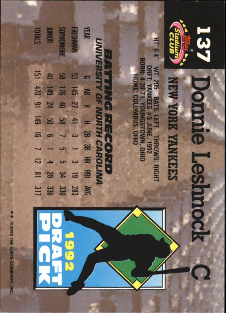 1993 Stadium Club Murphy #137 Donnie Leshnock back image