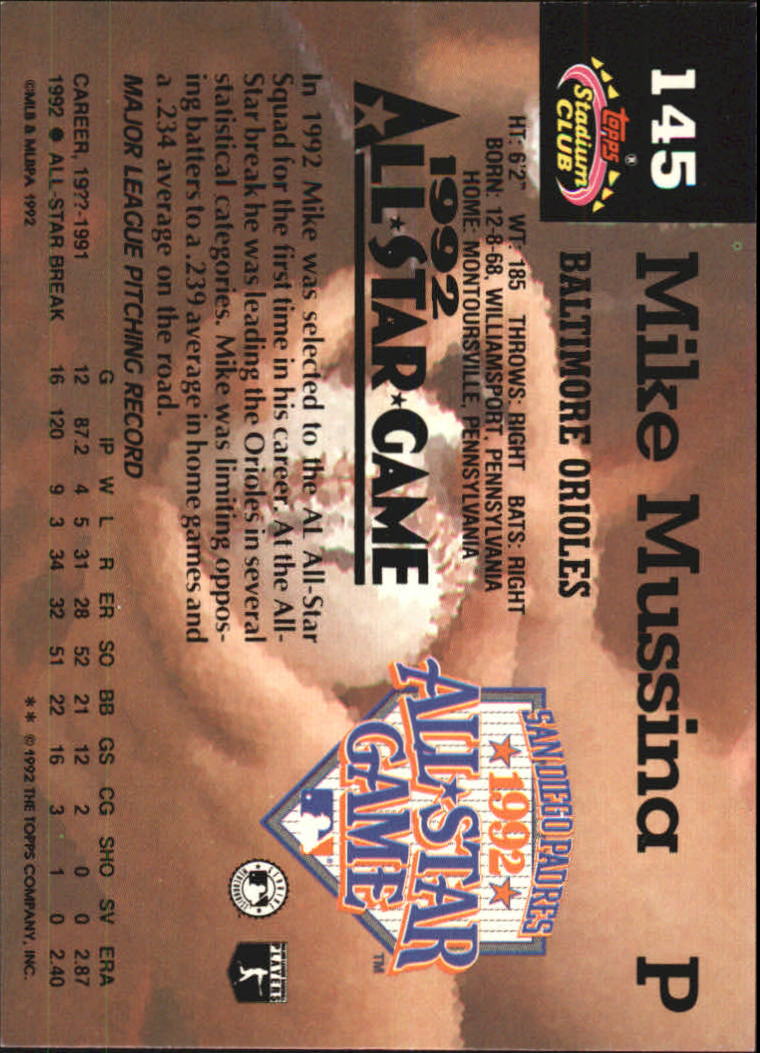1993 Stadium Club Murphy #145 Mike Mussina AS back image