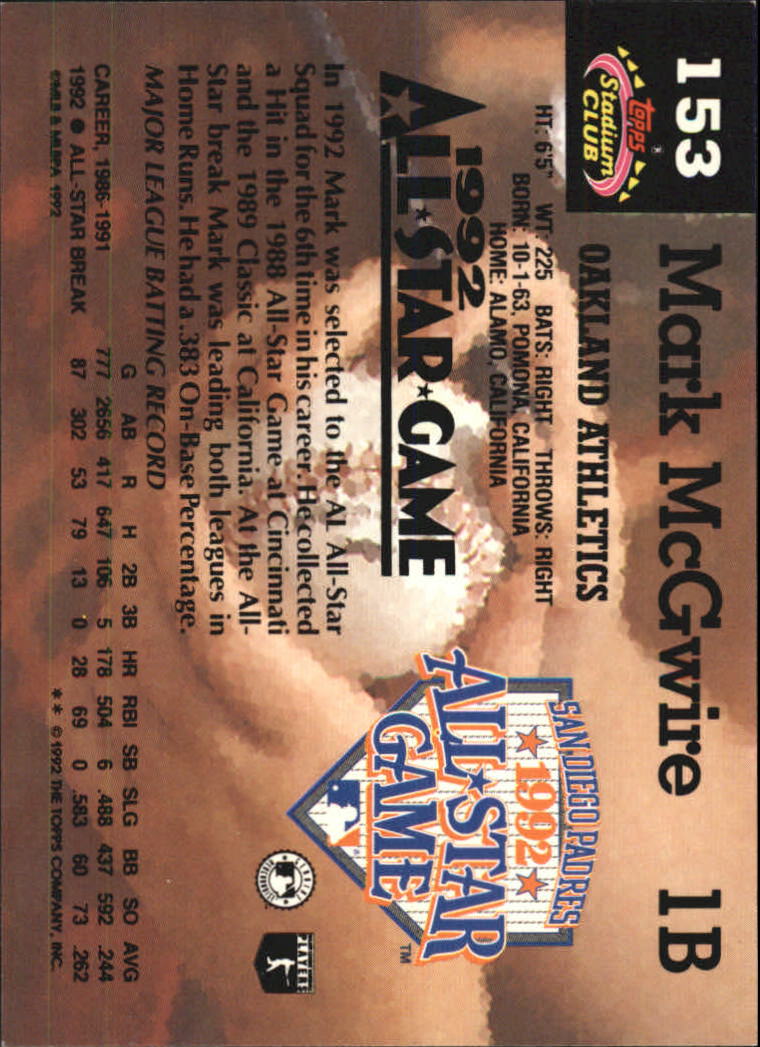 1993 Stadium Club Murphy #153 Mark McGwire AS back image