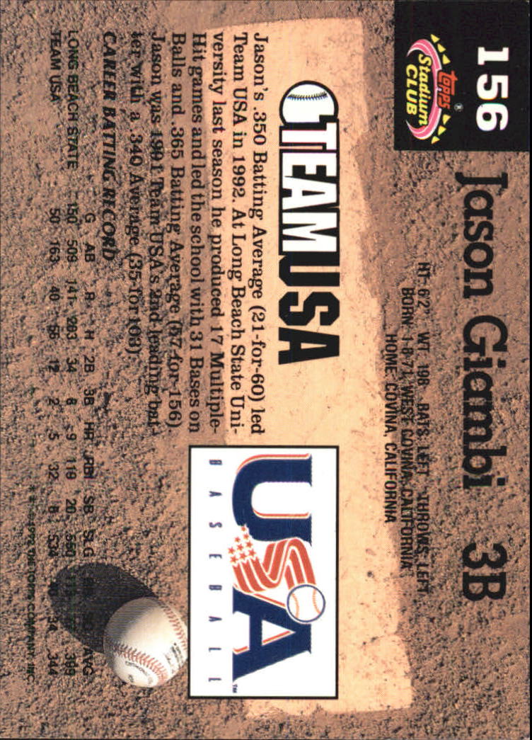 1993 Stadium Club Murphy #156 Jason Giambi USA back image