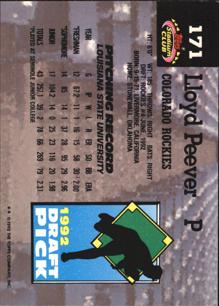 1993 Stadium Club Murphy #171 Lloyd Peever RC back image