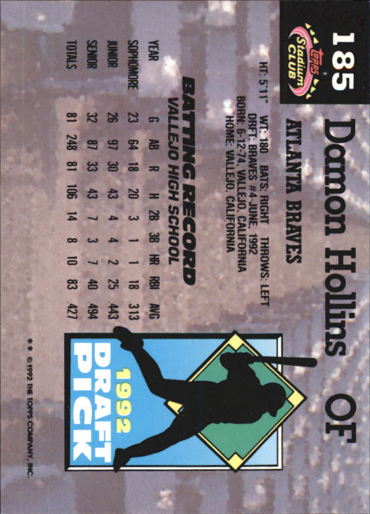 1993 Stadium Club Murphy #185 Damon Hollins RC back image