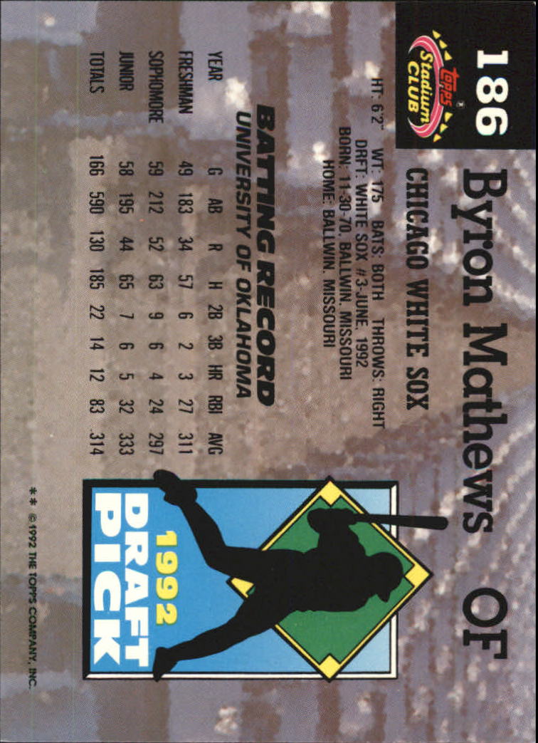 1993 Stadium Club Murphy #186 Byron Mathews RC back image