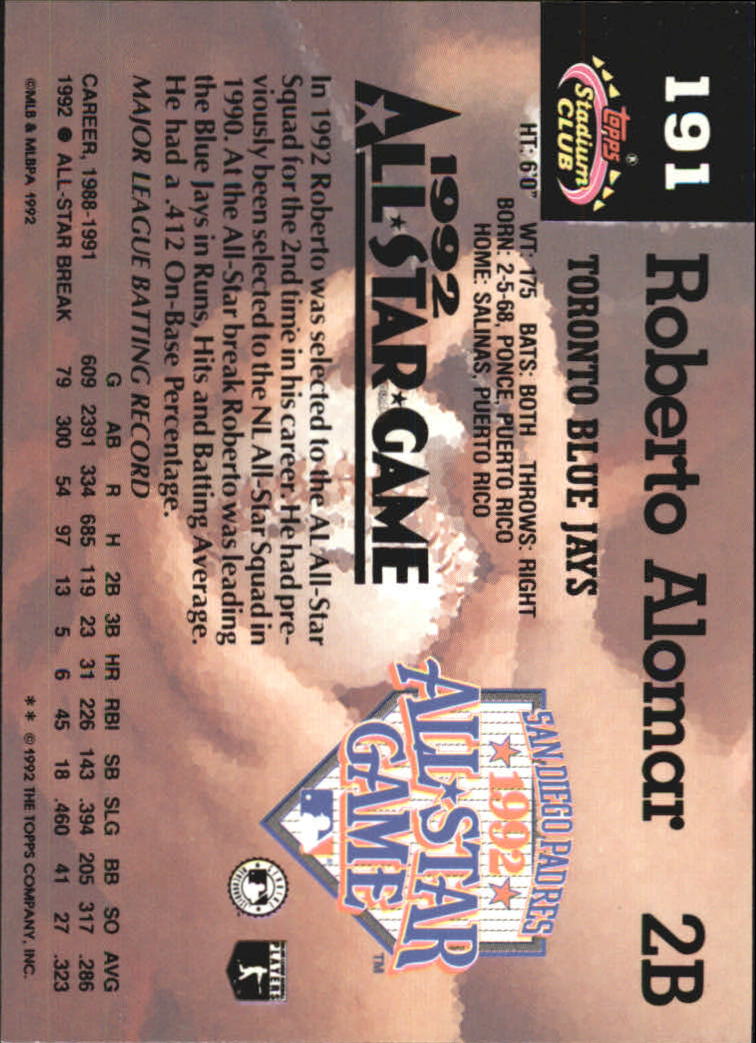 1993 Stadium Club Murphy #191 Roberto Alomar AS back image