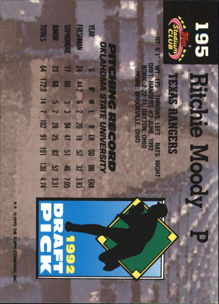 1993 Stadium Club Murphy #195 Ritchie Moody RC back image