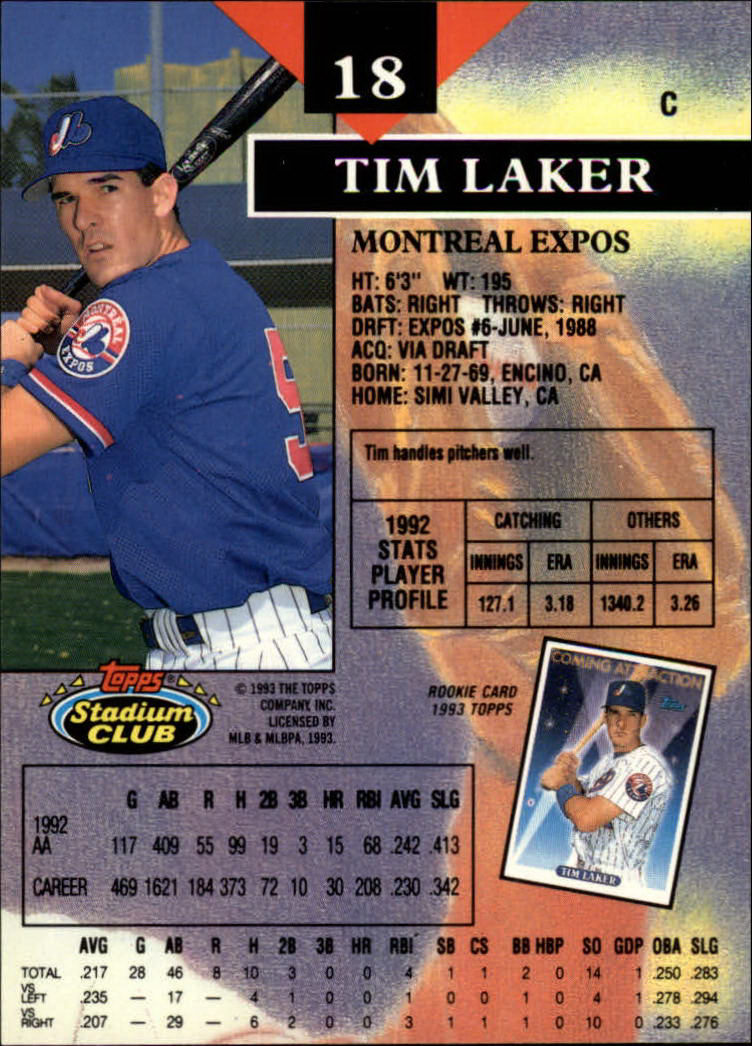 1993 Stadium Club #18 Tim Laker RC back image