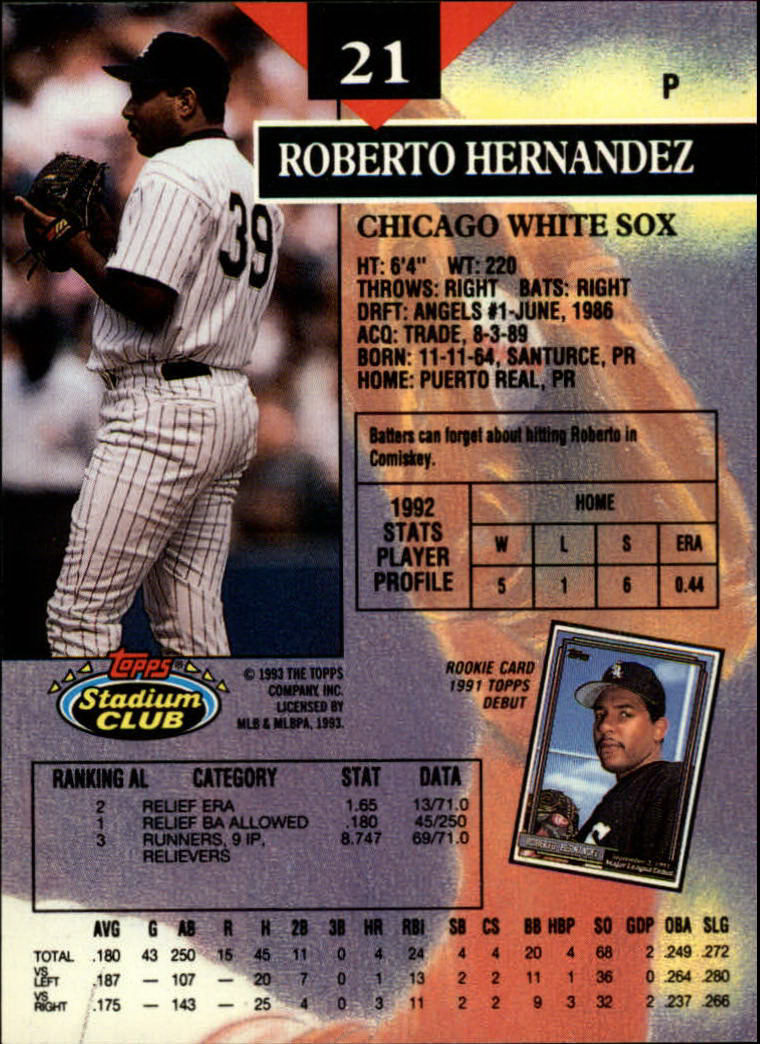 1993 Stadium Club #21 Roberto Hernandez back image