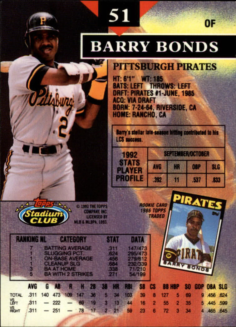 1993 Stadium Club #51 Barry Bonds COR back image