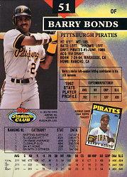 1993 Stadium Club #51A Barry Bonds ERR/Missing four stars over/name to indicate NL MVP back image
