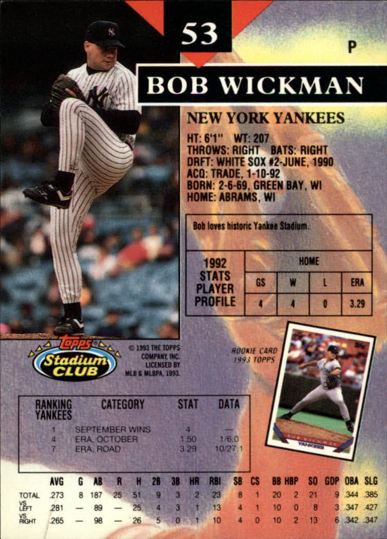1993 Stadium Club #53 Bob Wickman back image
