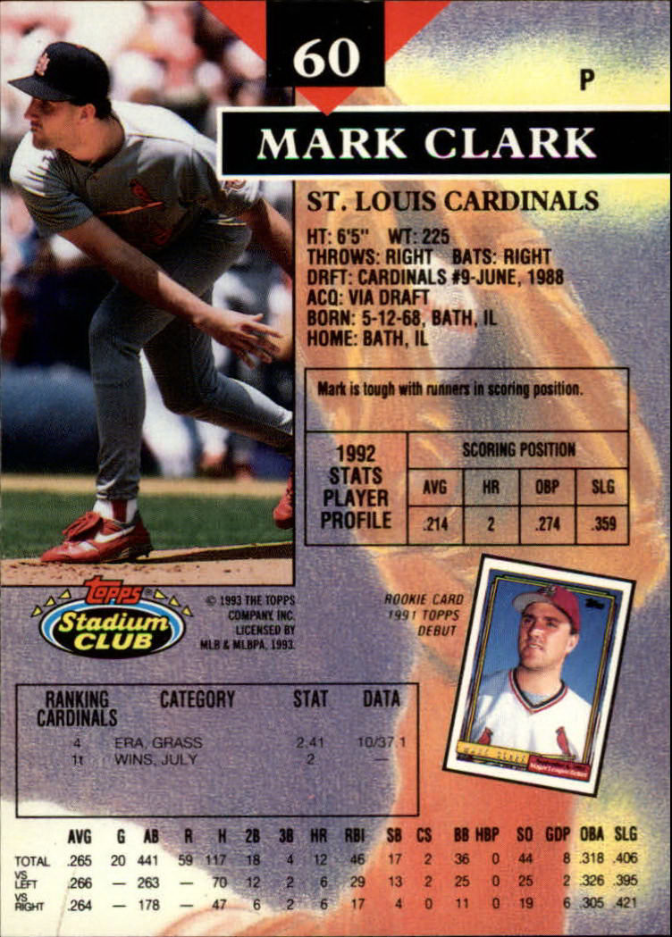 1993 Stadium Club #60 Mark Clark back image