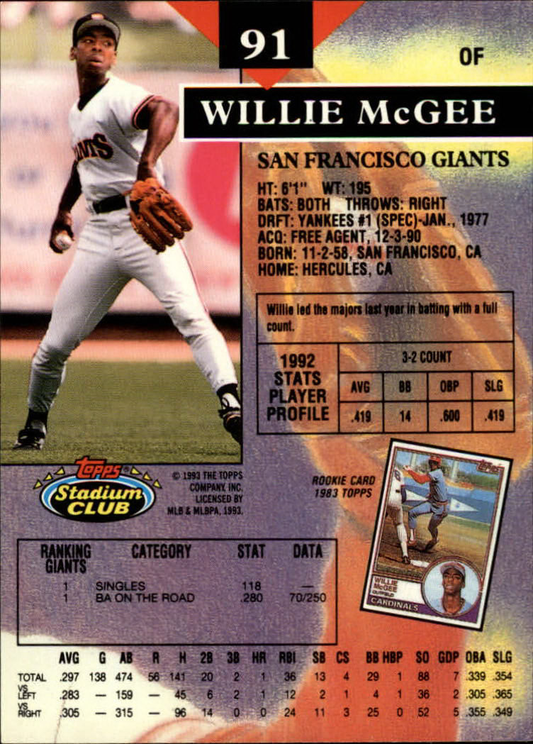1993 Stadium Club #91 Willie McGee back image