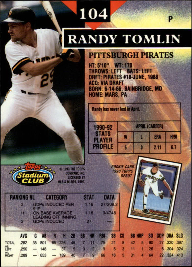 1993 Stadium Club #104 Randy Tomlin back image