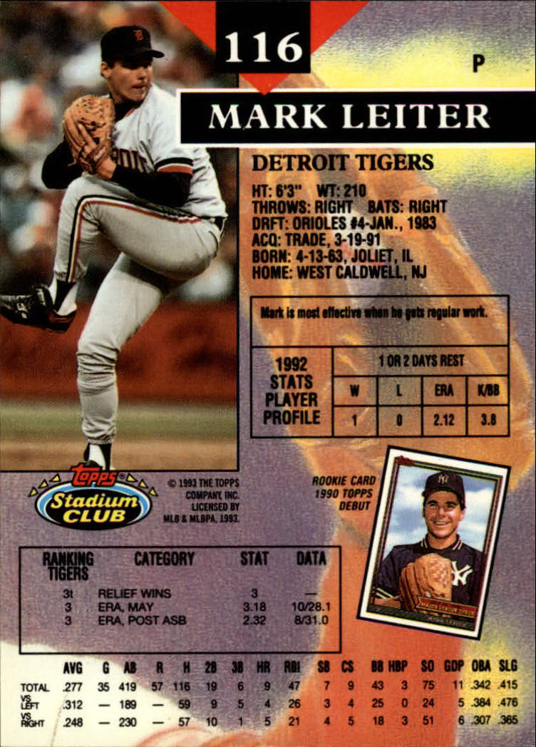 1993 Stadium Club #116 Mark Leiter back image