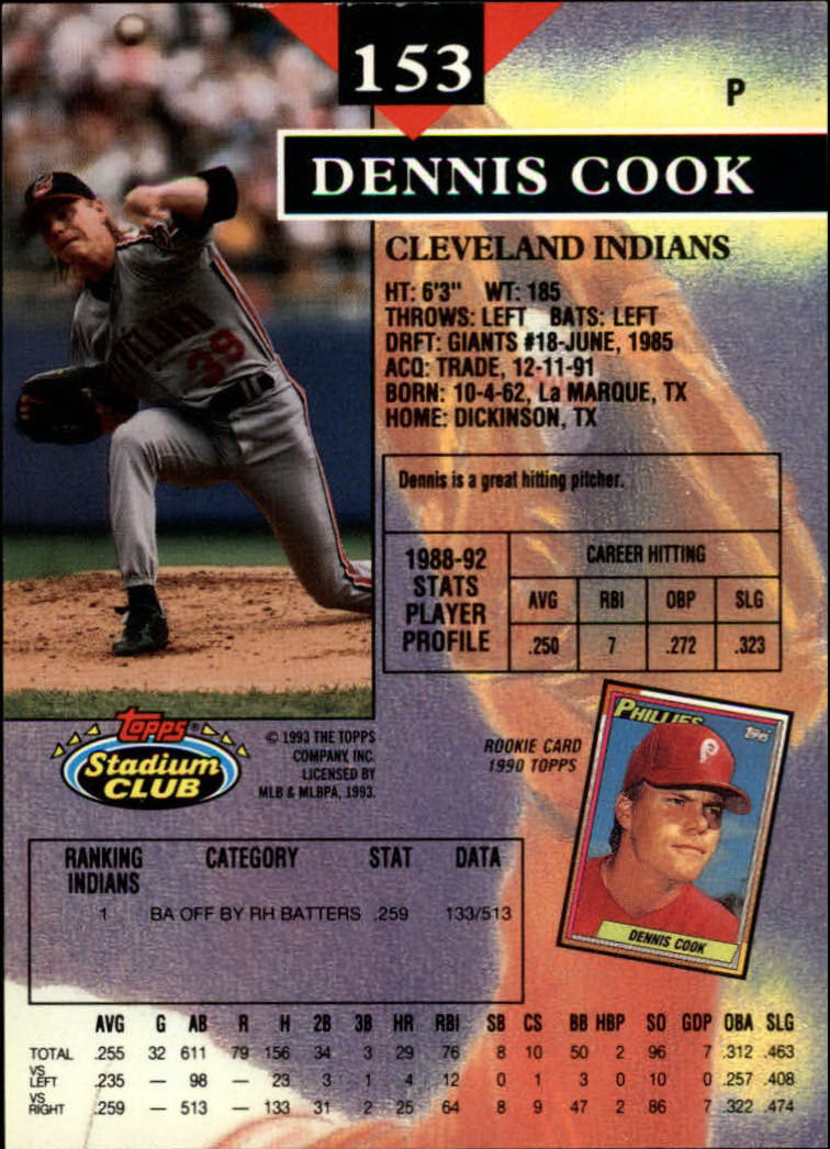 1993 Stadium Club #153 Dennis Cook back image
