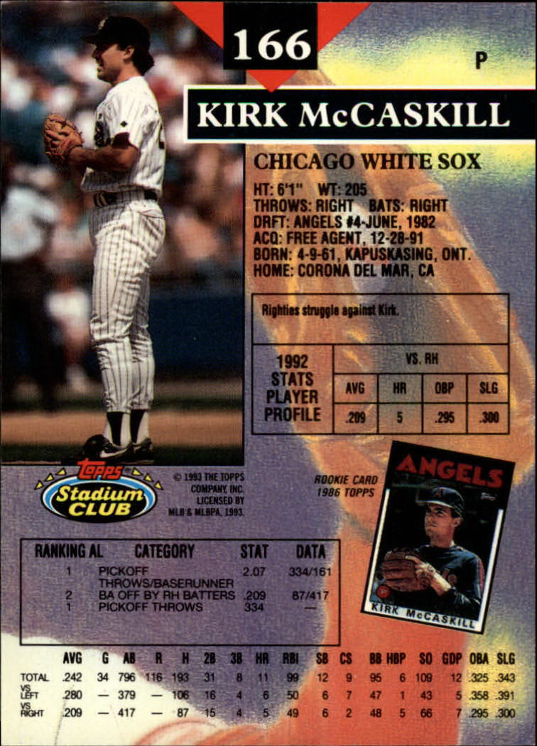 1993 Stadium Club #166 Kirk McCaskill back image