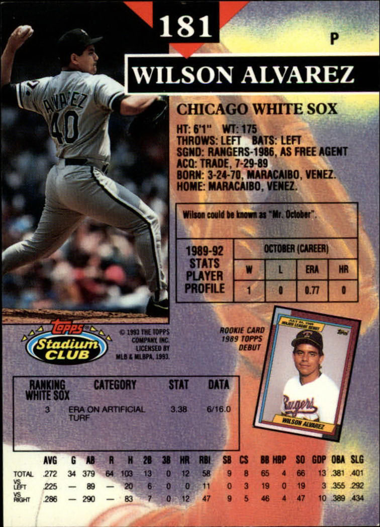 1993 Stadium Club #181 Wilson Alvarez back image