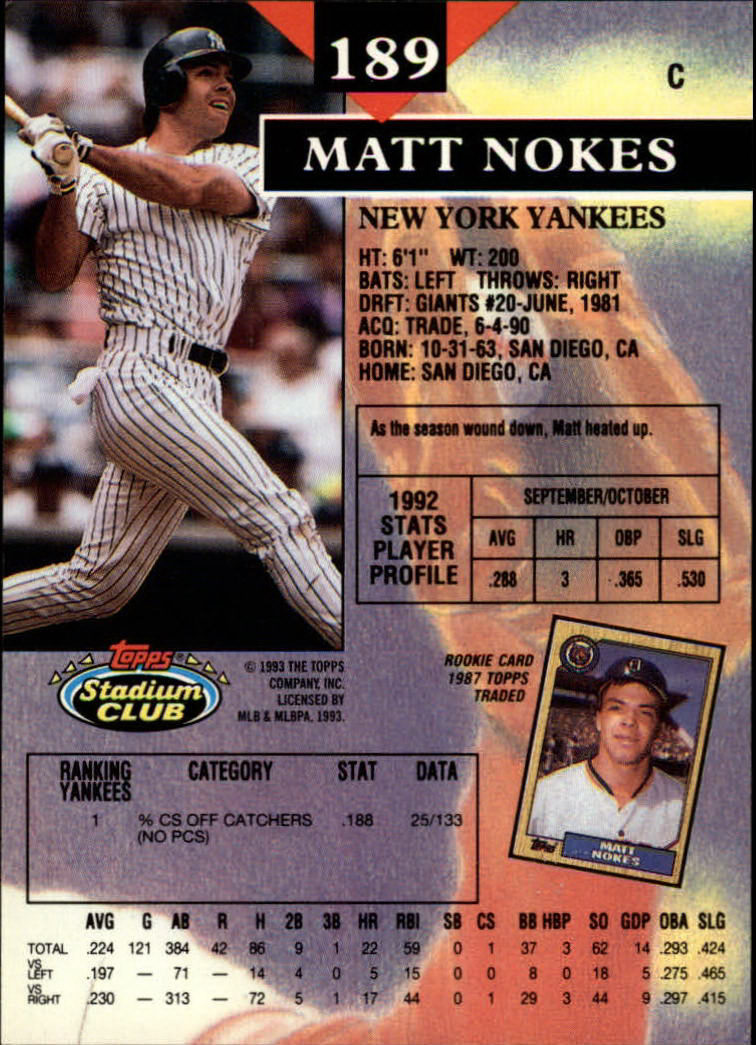 1993 Stadium Club #189 Matt Nokes back image