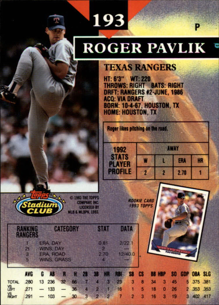 1993 Stadium Club #193 Roger Pavlik back image