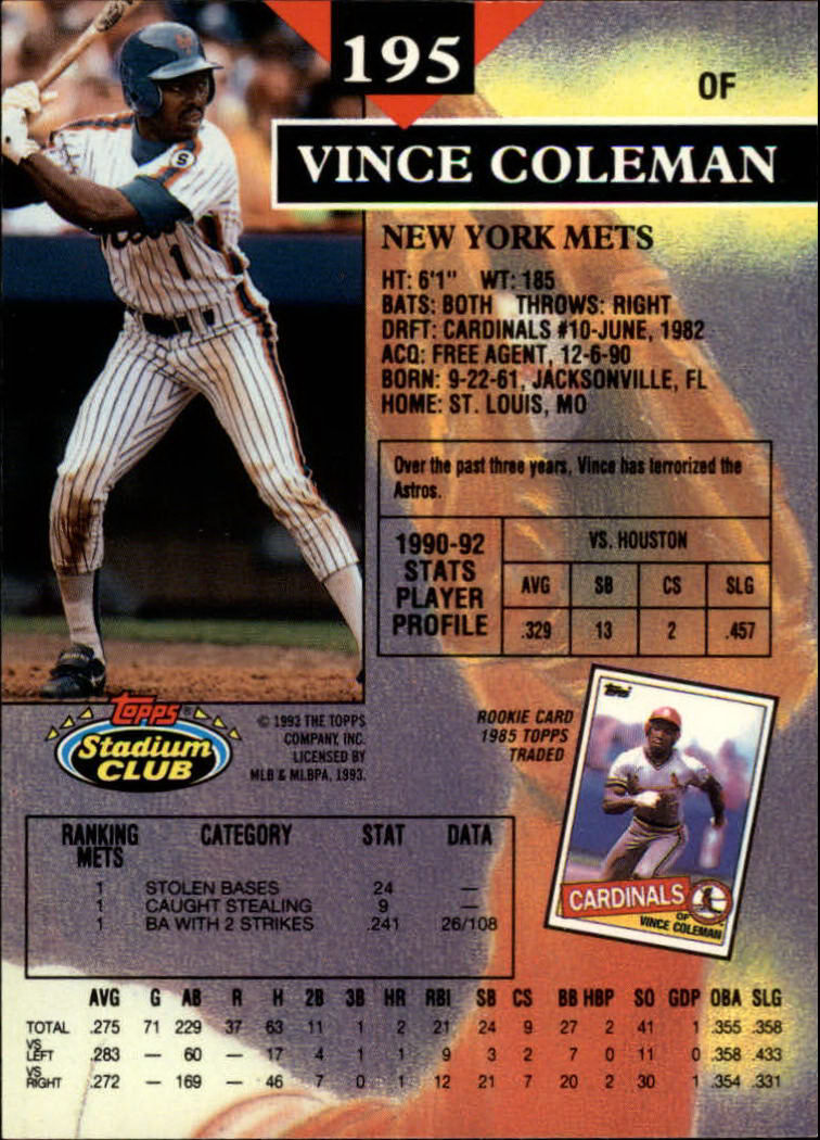 1993 Stadium Club #195 Vince Coleman back image