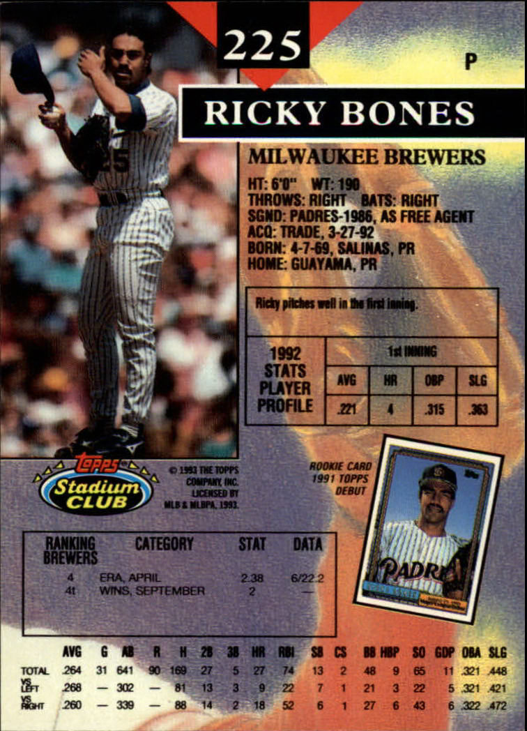 1993 Stadium Club Baseball Part 1 Main Set Card #1-249 - Picture 445 of 493