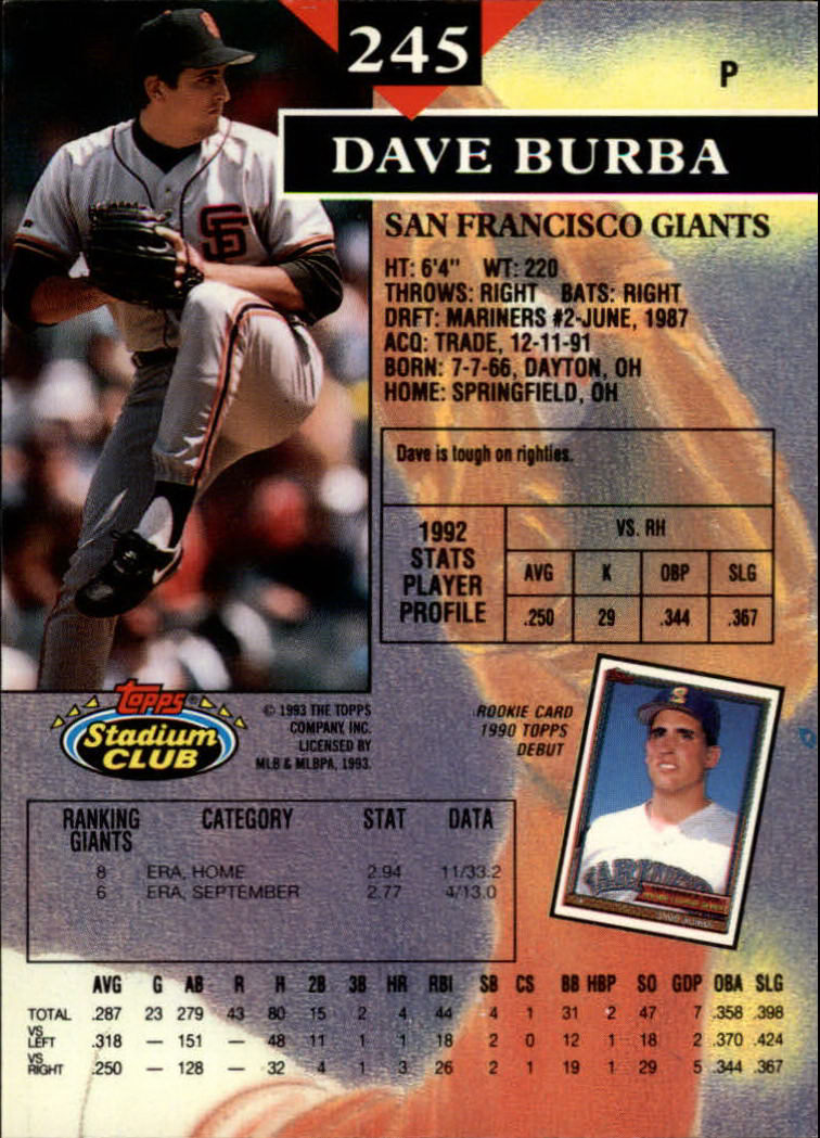 1993 Stadium Club Baseball Part 1 Main Set Card #1-249 - Picture 485 of 493