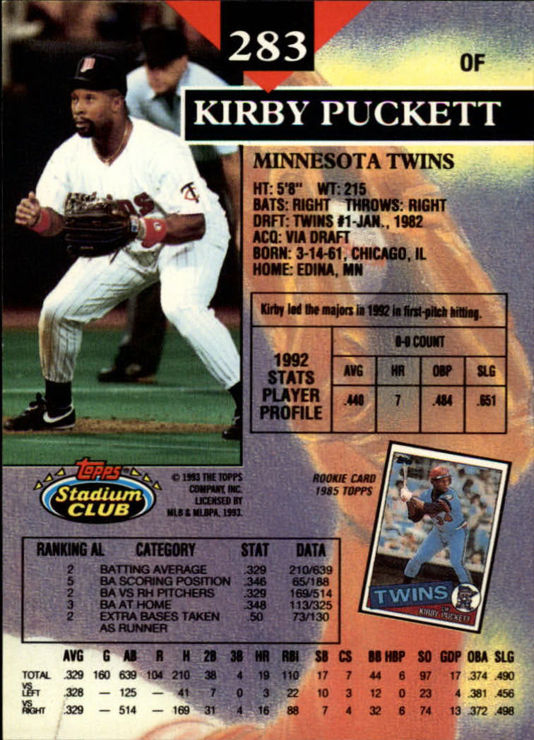 1993 Stadium Club #283 Kirby Puckett back image