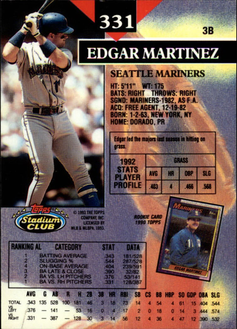 1993 Stadium Club #331 Edgar Martinez back image