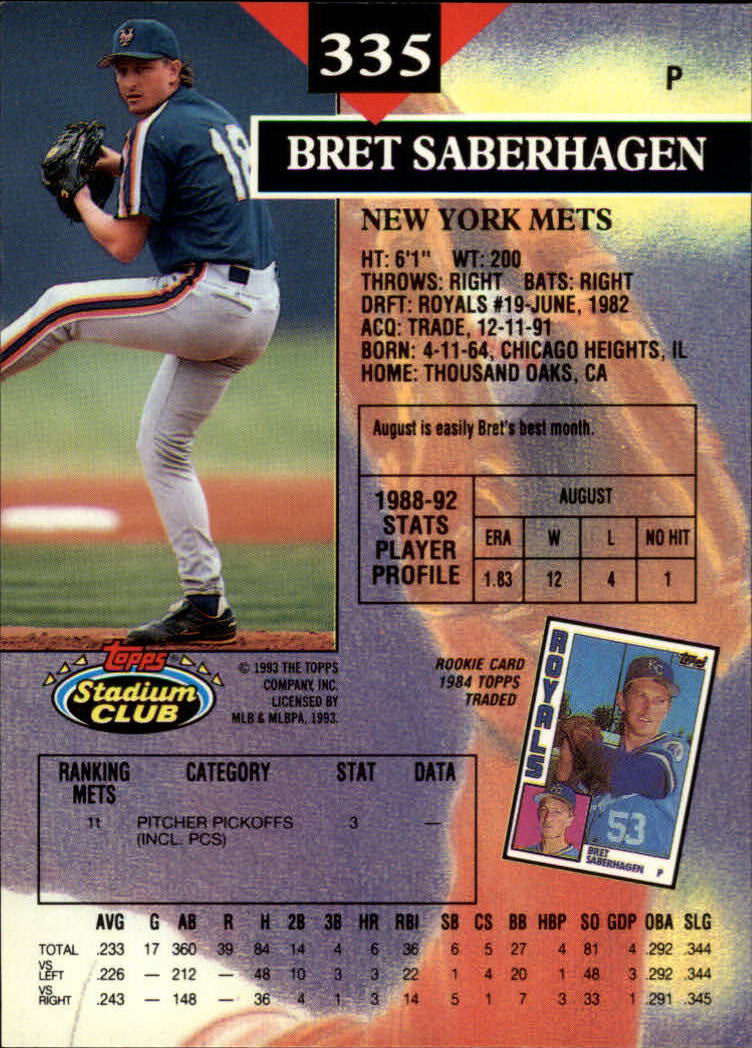 1993 Stadium Club #335 Bret Saberhagen back image