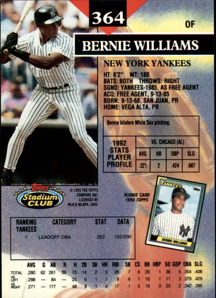 1993 Stadium Club #364 Bernie Williams back image
