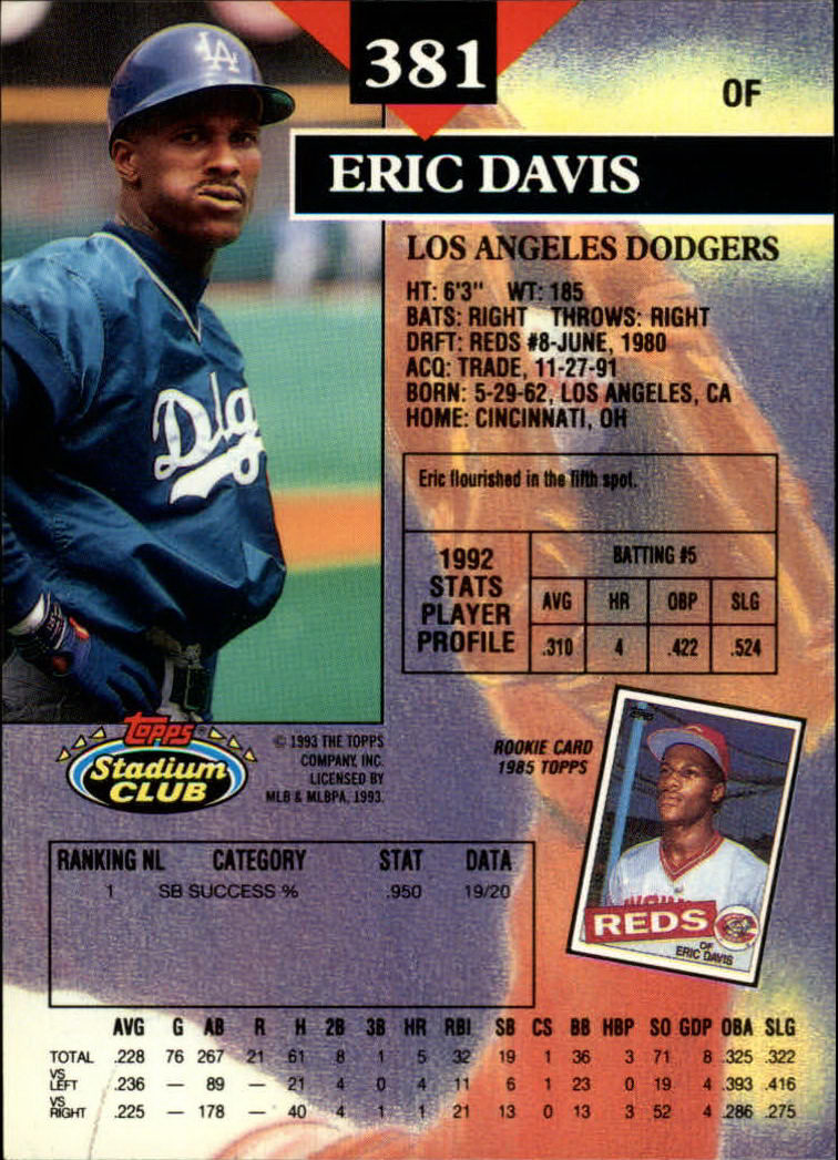 1993 Stadium Club #381 Eric Davis back image