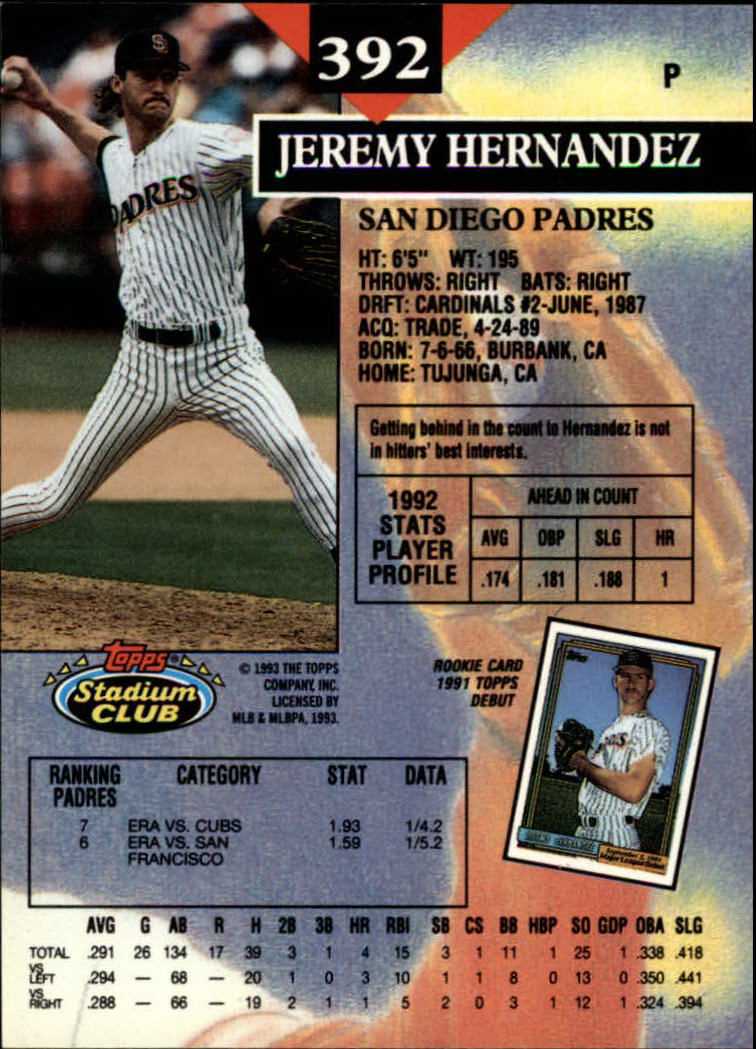 1993 Stadium Club #392 Jeremy Hernandez back image