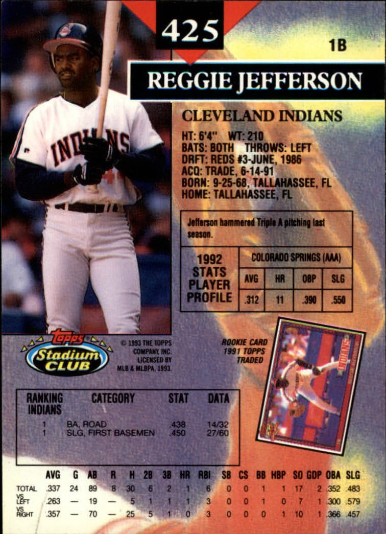 1993 Stadium Club #425 Reggie Jefferson back image