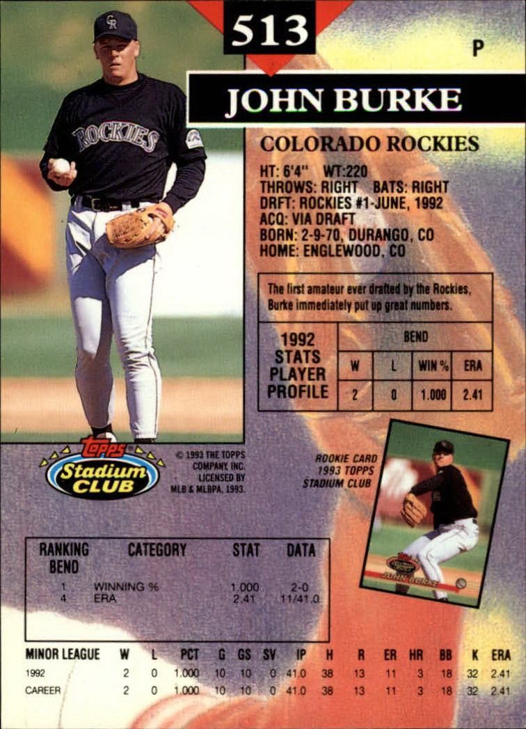 1993 Stadium Club #513 John Burke RC back image