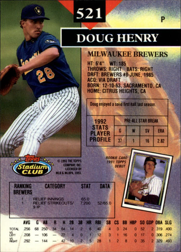 1993 Stadium Club #521 Doug Henry back image