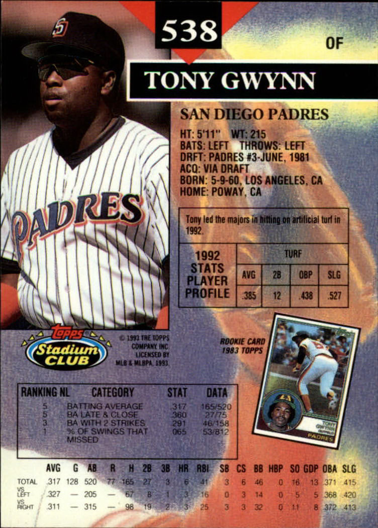 1993 Stadium Club #538 Tony Gwynn back image